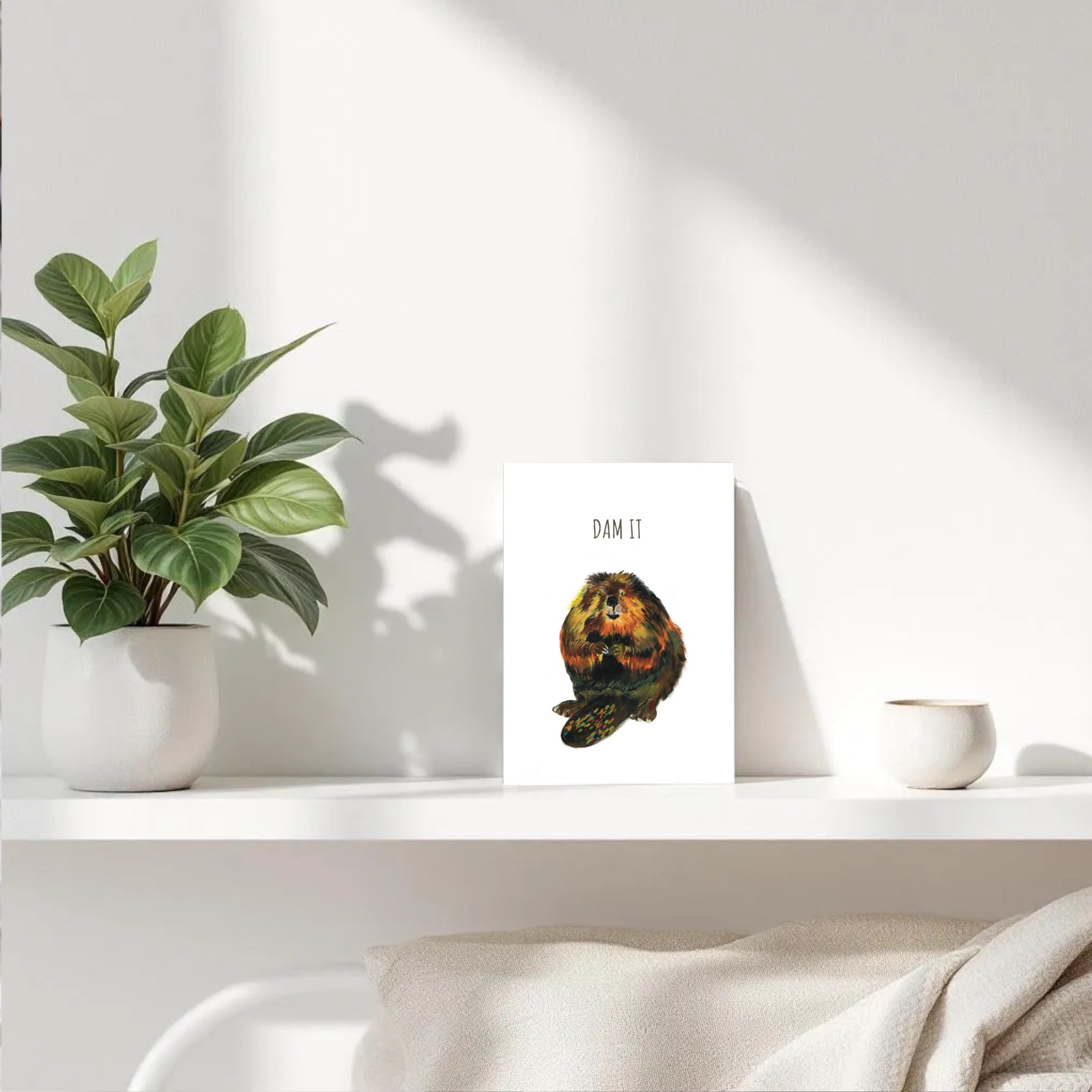 Funny Beaver Greeting Card – 'Dam It' – Hand-Painted Acrylic Design – Blank Inside, 5x7 Inch Card with Envelope – Perfect for Humor, Birthdays, and All Occasions