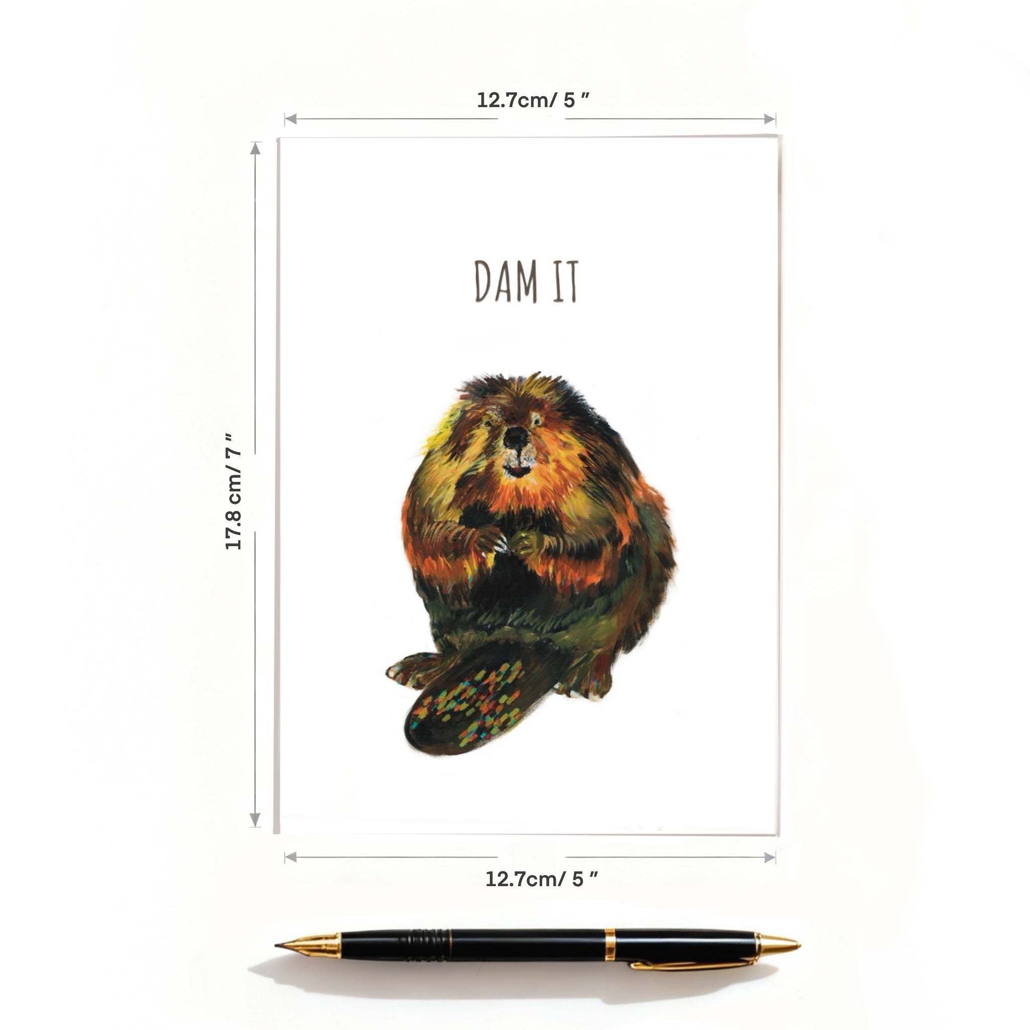 Funny Beaver Greeting Card – 'Dam It' – Hand-Painted Acrylic Design – Blank Inside, 5x7 Inch Card with Envelope – Perfect for Humor, Birthdays, and All Occasions