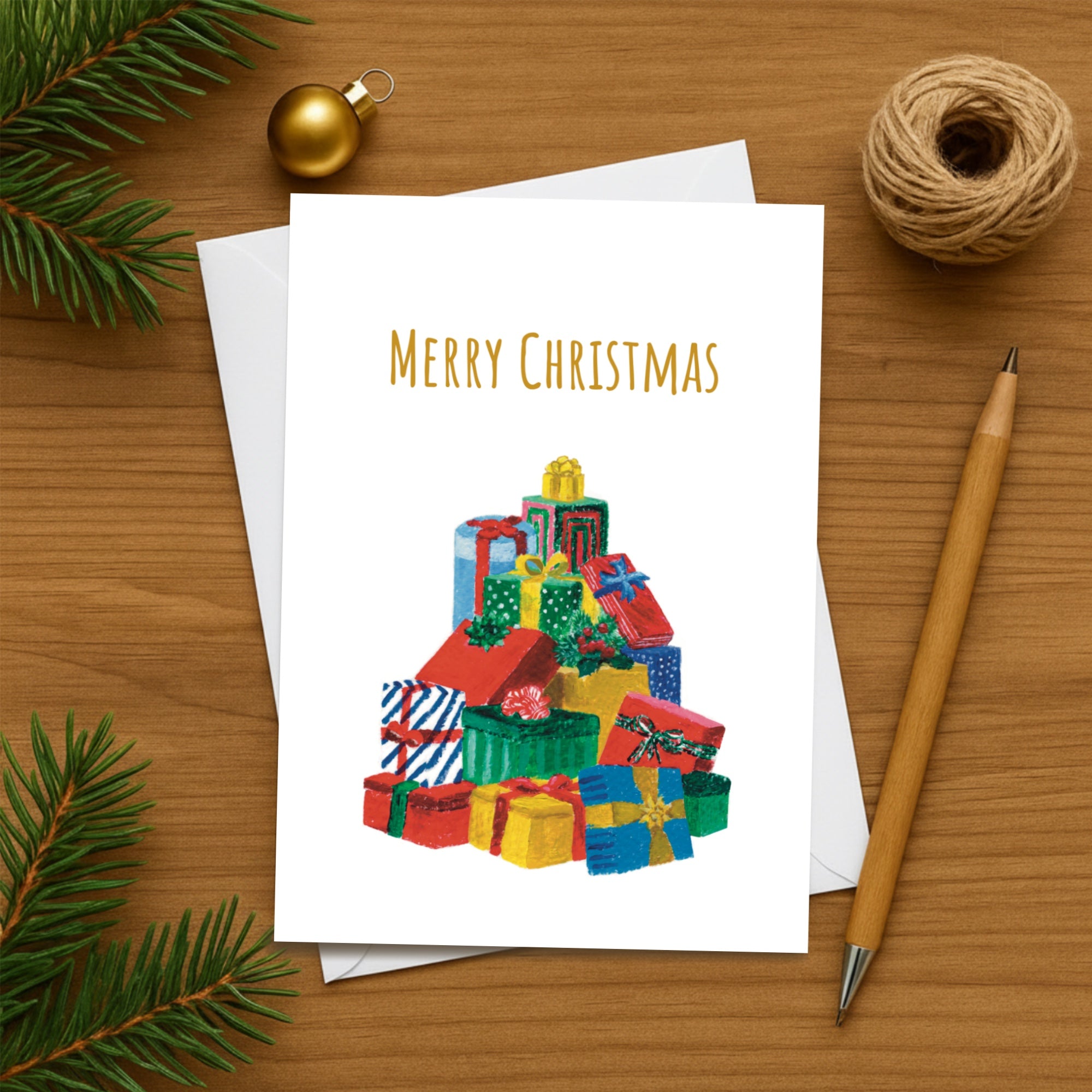 Merry Christmas Greeting Card – Christmas Gifts Illustration – Blank Inside, 5x7 Inch Card with Envelope – Perfect for Holiday Wishes and Gifts