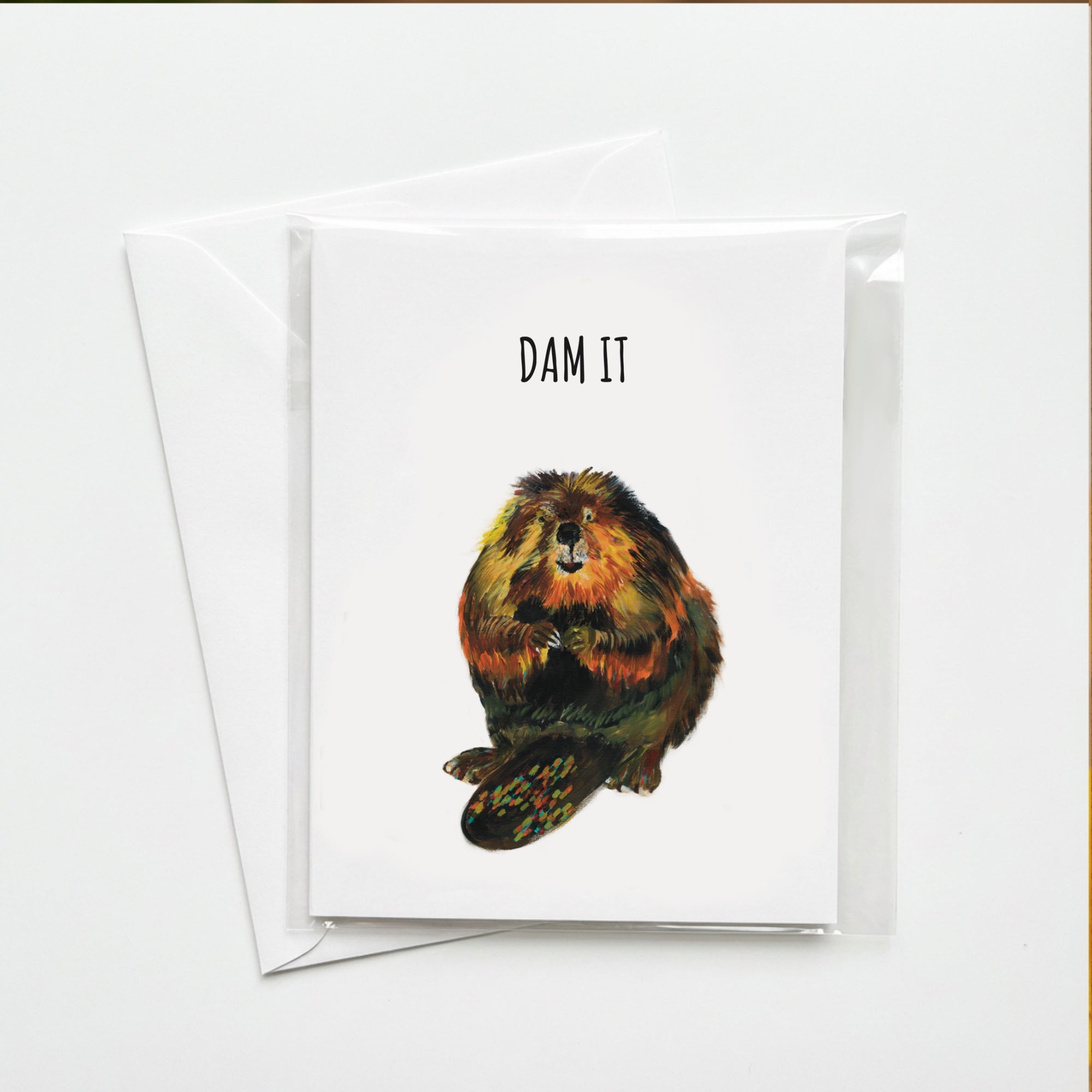 Funny Beaver Greeting Card – 'Dam It' – Hand-Painted Acrylic Design – Blank Inside, 5x7 Inch Card with Envelope – Perfect for Humor, Birthdays, and All Occasions