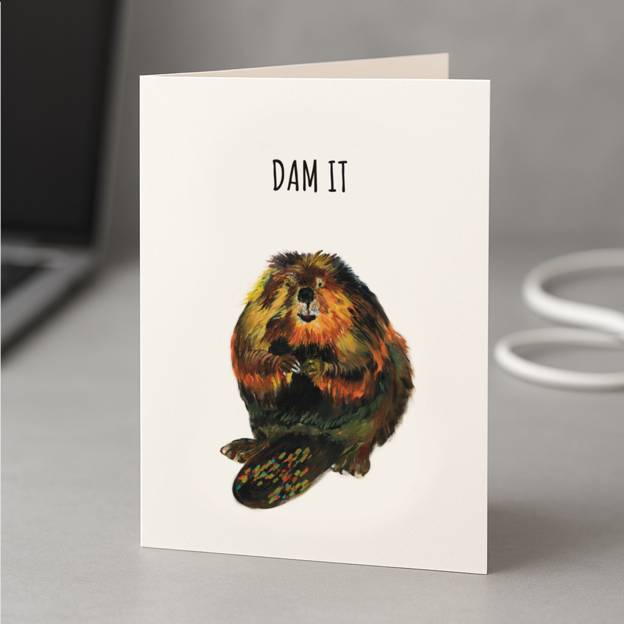 Funny Beaver Greeting Card – 'Dam It' – Hand-Painted Acrylic Design – Blank Inside, 5x7 Inch Card with Envelope – Perfect for Humor, Birthdays, and All Occasions